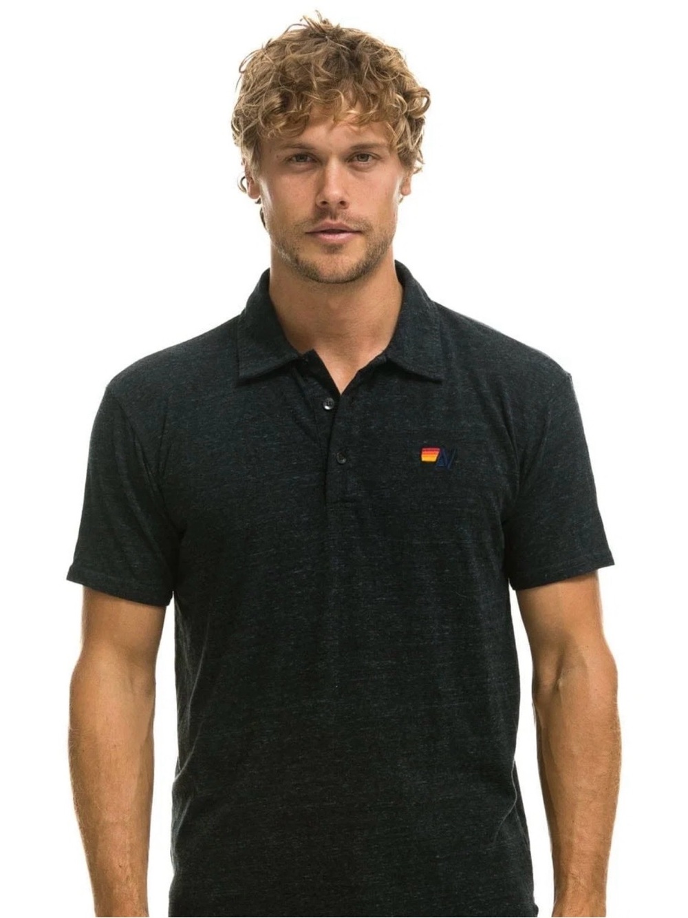 Aviator Nation Men's Black Heather Polo with Small Rainbow Logo